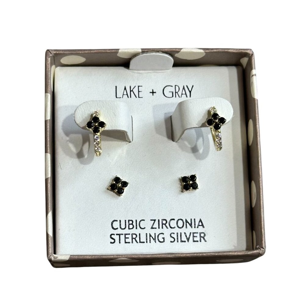 NEW Lake + Gray Sterling Silver Black + Gold Clover Dangle + Post Earring Set